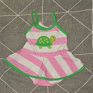 Gymboree Pink and White Turtle Swimsuit with Green Trim